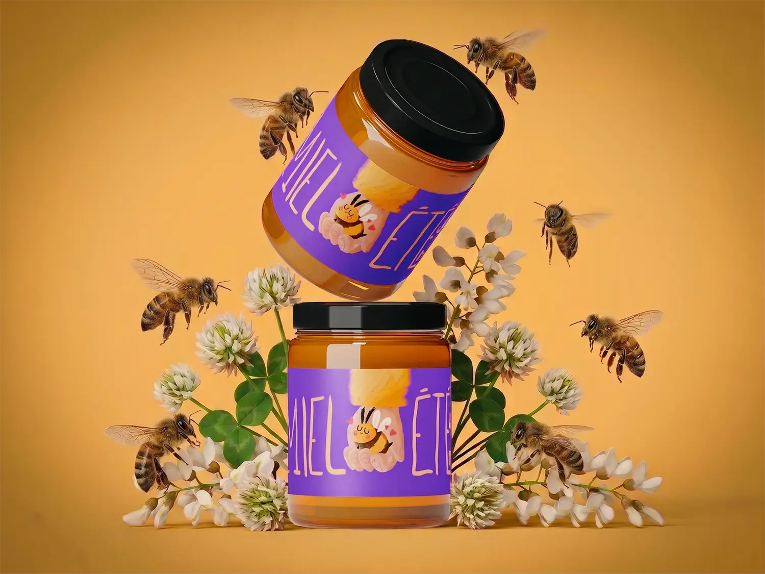 miel-ete-illustration-abeilles-acacia-trefle-blanc